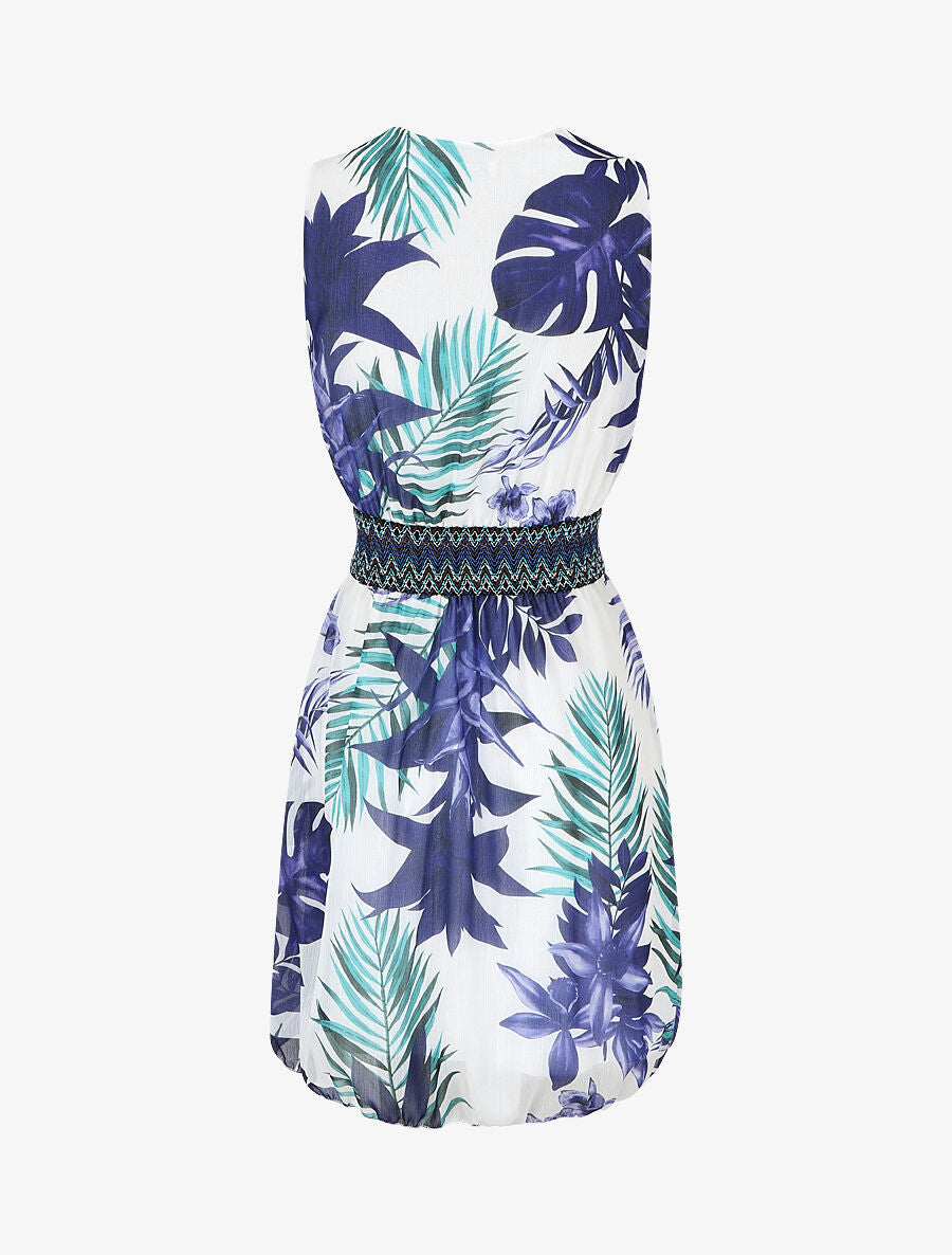 Robe mi-longue sans manches irisée motif tropical - Bleu - 2
