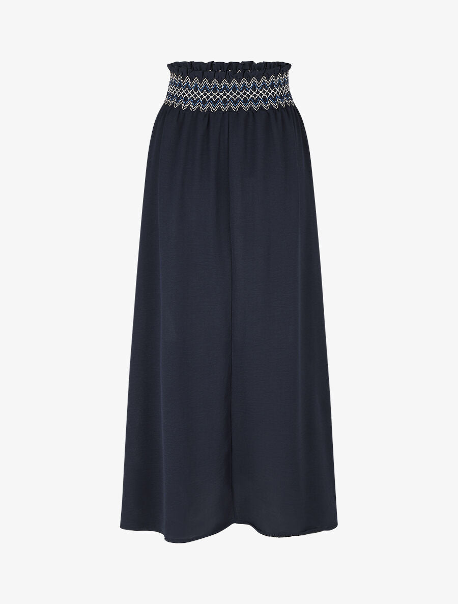 Jupe longue fluide taille haute élastiquée - Marine - 2