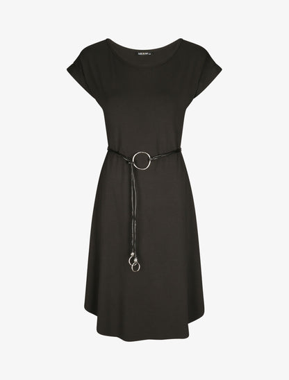Robe mi-longue droite unie à manches courtes - Noir - 1