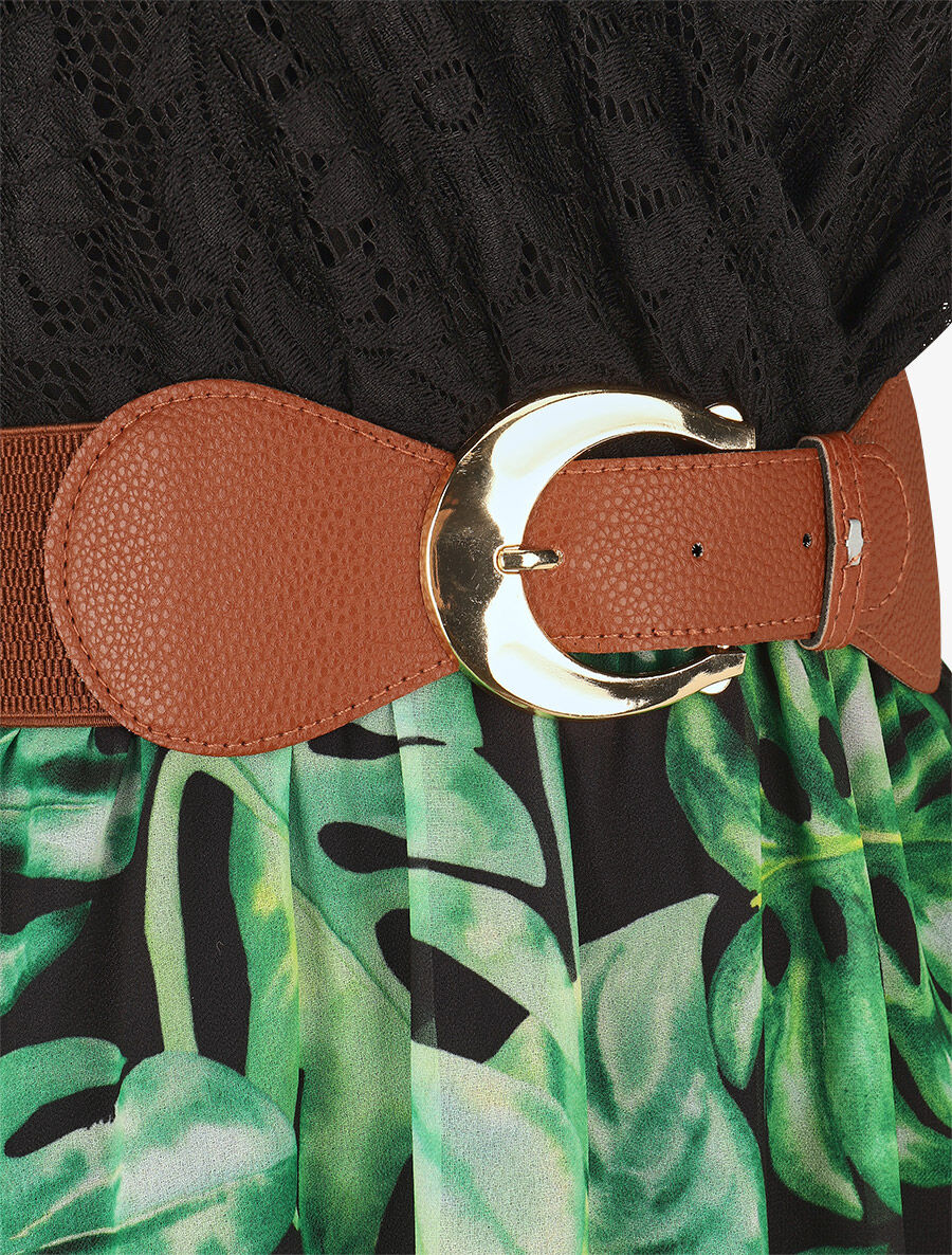 Robe élastiquée à jupe imprimé tropical - Noir - 3