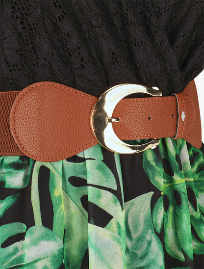 Robe élastiquée à jupe imprimé tropical - Noir - 3