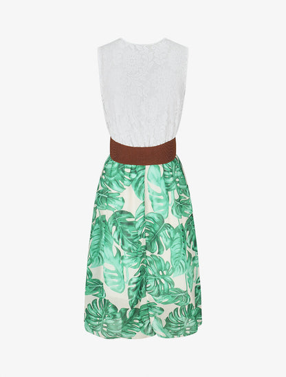 Robe élastiquée à jupe imprimé tropical - Beige - 2