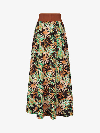 Jupe longue taille haute élastiquée imprimé tropical - Noir - 2