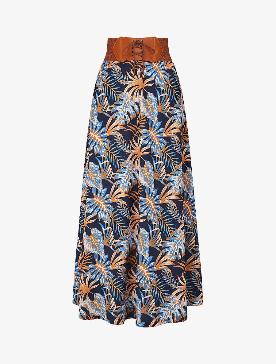 Jupe longue taille haute élastiquée imprimé tropical - Marine - 4