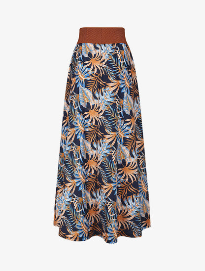 Jupe longue taille haute élastiquée imprimé tropical - Marine - 2