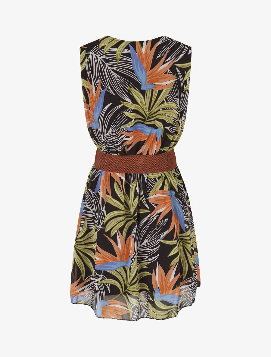 Robe évasée sans manches imprimé tropical - Noir/vert - 2