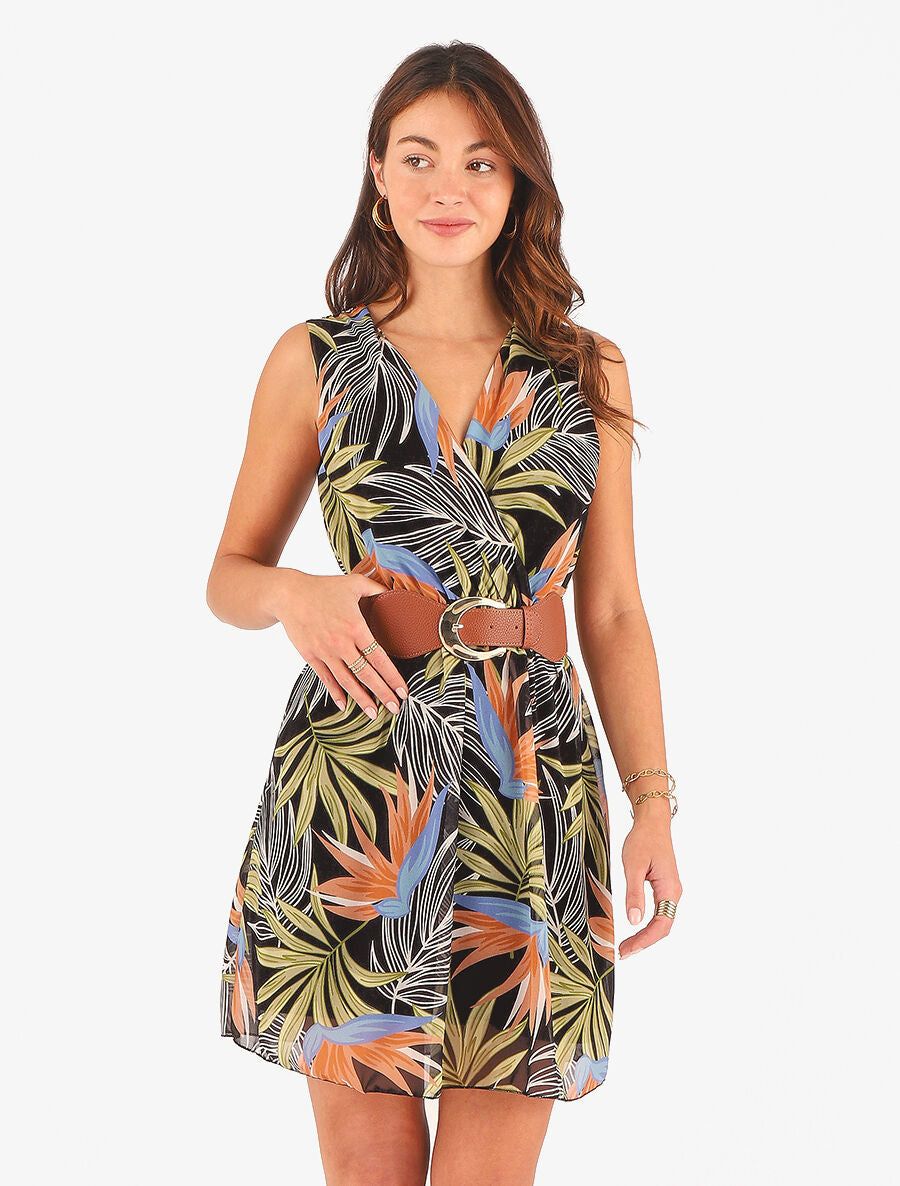 Robe évasée sans manches imprimé tropical - Noir/vert - 4