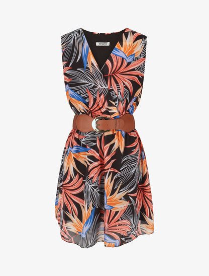 Robe évasée sans manches imprimé tropical - Noir/orange - 1