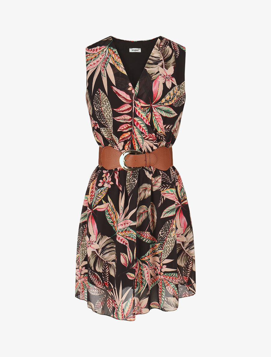 Robe évasée sans manches imprimé floral - Noir - 5