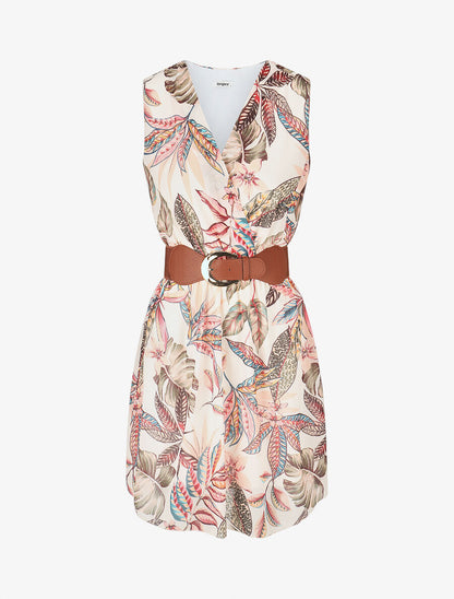 Robe évasée sans manches imprimé floral - Écru - 1