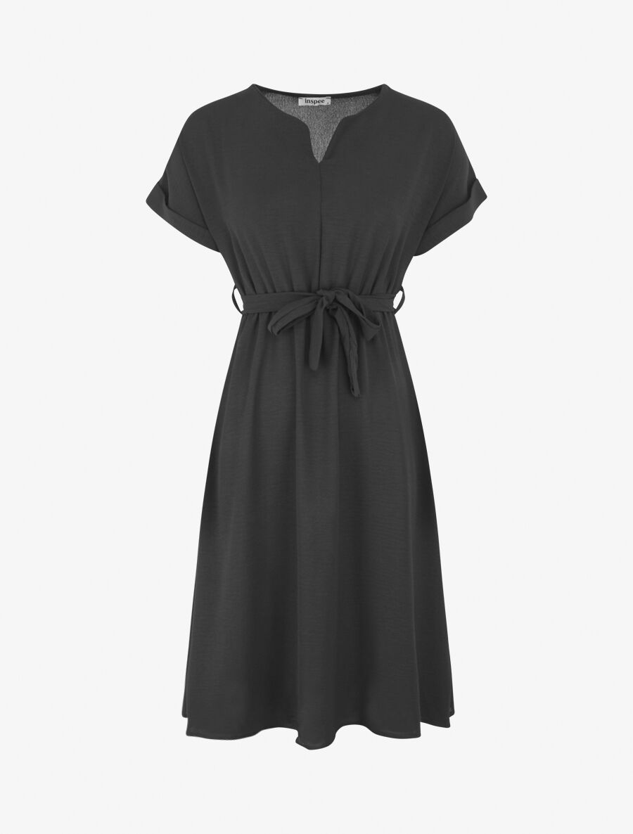 Robe longue unie élastiquée à manches courtes - Noir - 5