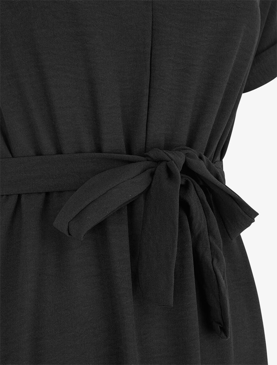 Robe longue unie élastiquée à manches courtes - Noir - 3