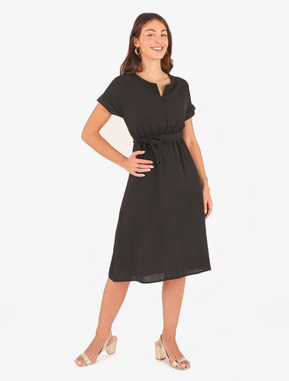 Robe longue unie élastiquée à manches courtes - Noir - 4