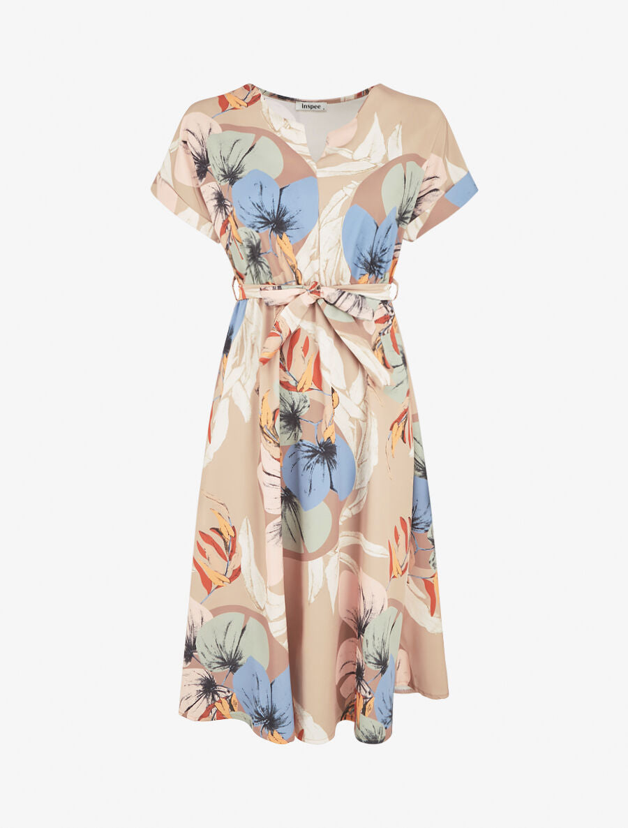 Robe élastiquée imprimé feuillage - Beige foncé - 1
