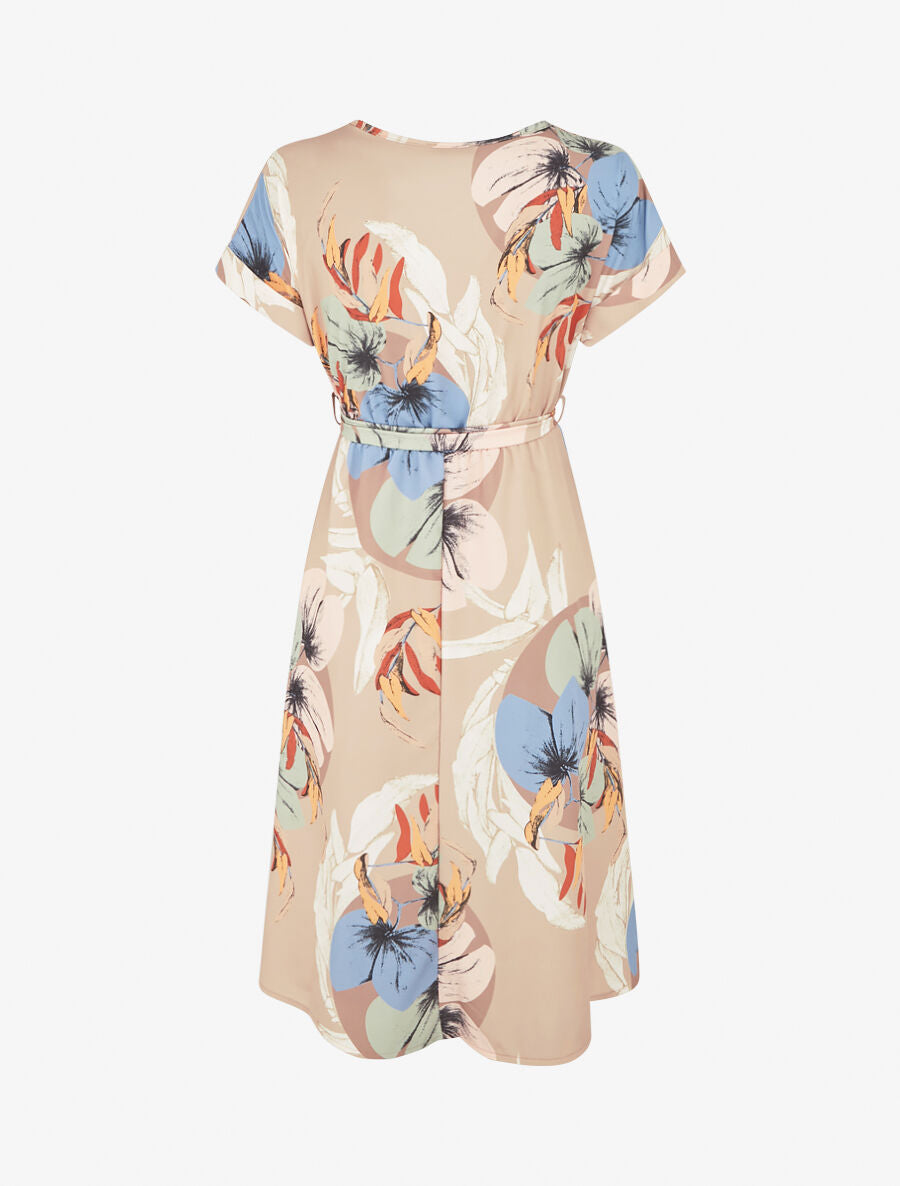 Robe élastiquée imprimé feuillage - Beige foncé - 2
