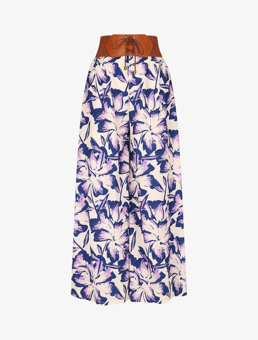 Pantalon imprimé fleurs à taille haute - Bleu - 1