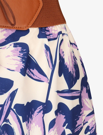 Pantalon imprimé fleurs à taille haute - Bleu - 3