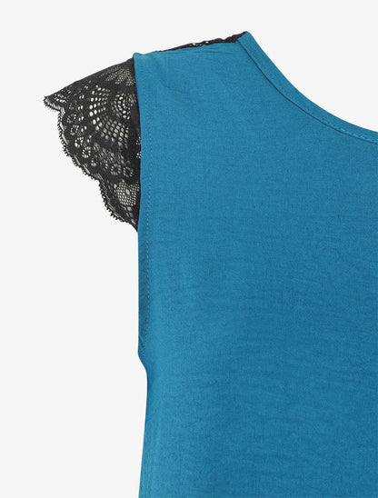 Top uni à détail dentelle - Bleu canard - 3