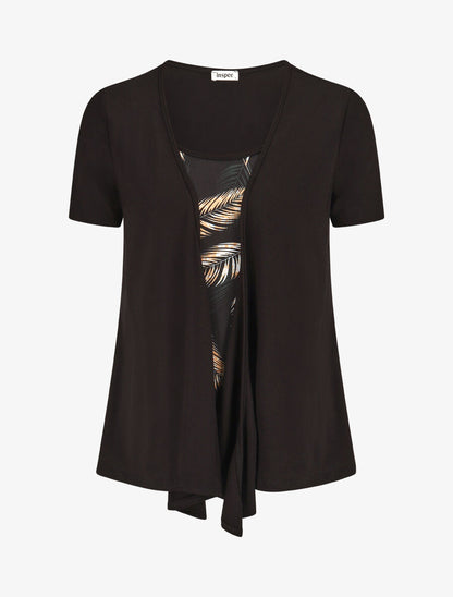 Top manches courtes style gilet ouvert imprimé tropical - Noir - 1