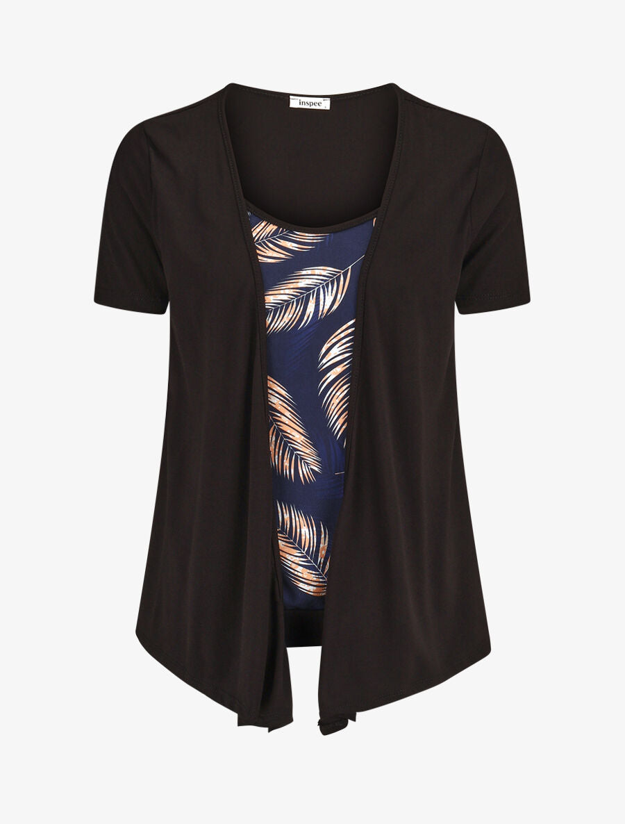 Top manches courtes style gilet ouvert imprimé tropical - Noir/marine - 1