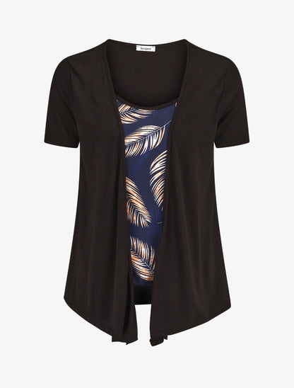 Top manches courtes style gilet ouvert imprimé tropical - Noir/marine - 1