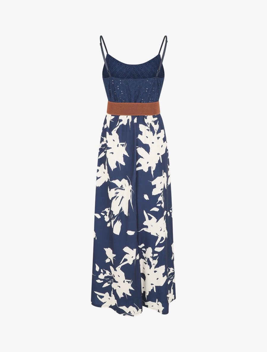Robe longue bi-matière imprimé floral - Marine - 2