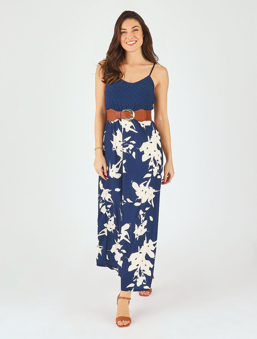 Robe longue bi-matière imprimé floral - Marine - 4