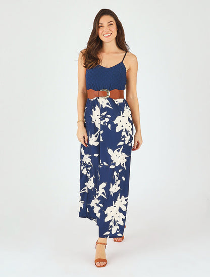 Robe longue bi-matière imprimé floral - Marine - 4