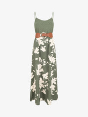 Robe longue bi-matière imprimé floral - Kaki - 1