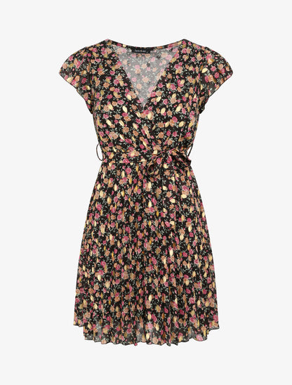 Robe empire courte imprimé roses irisées - Noir - 1
