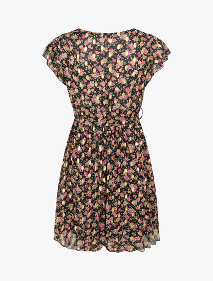Robe empire courte imprimé roses irisées - Noir - 2