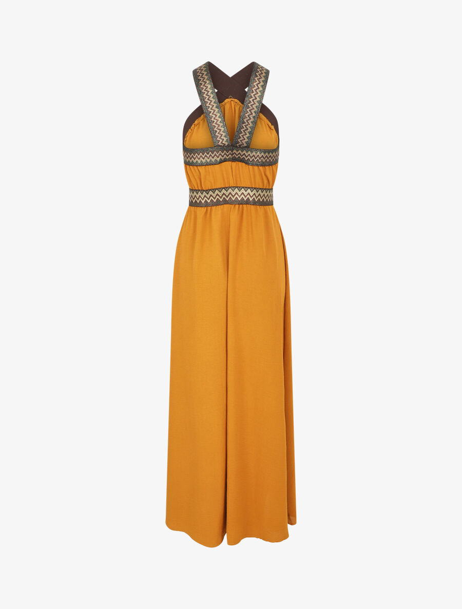 Robe longue unie col américain fantaisie - Moutarde - 2