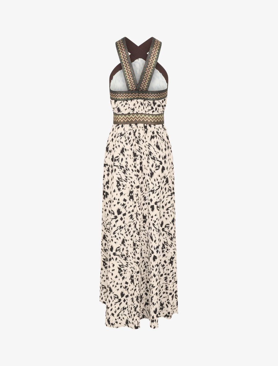 Robe longue imprimé fantaisie à larges bretelles croisées - Beige - 2