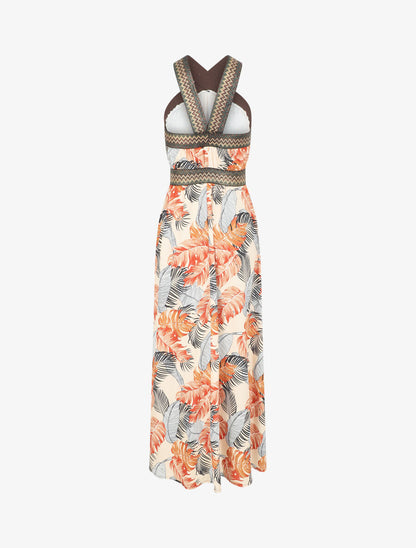 Robe longue imprimé tropical à larges bretelles croisées - Beige - 2
