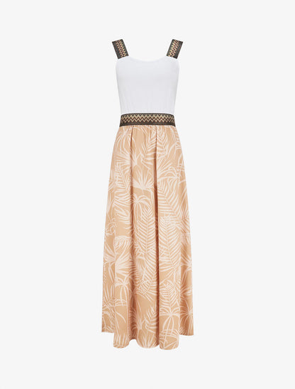 Robe longue à bretelles imprimé plantes tropicales - Beige - 1