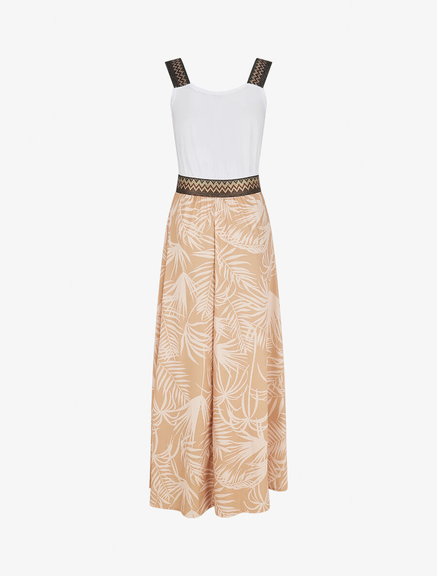 Robe longue à bretelles imprimé plantes tropicales - Beige - 2