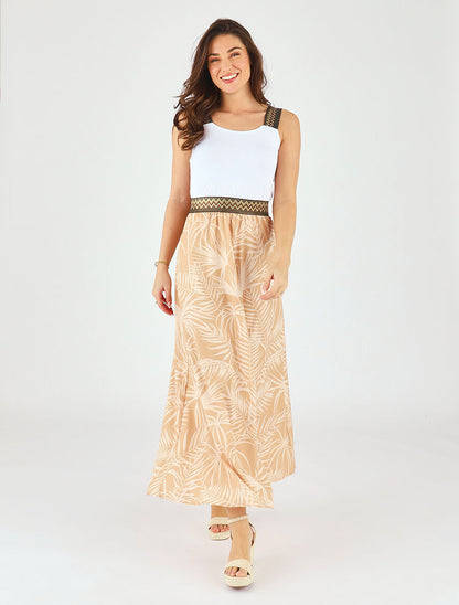 Robe longue à bretelles imprimé plantes tropicales - Beige - 4