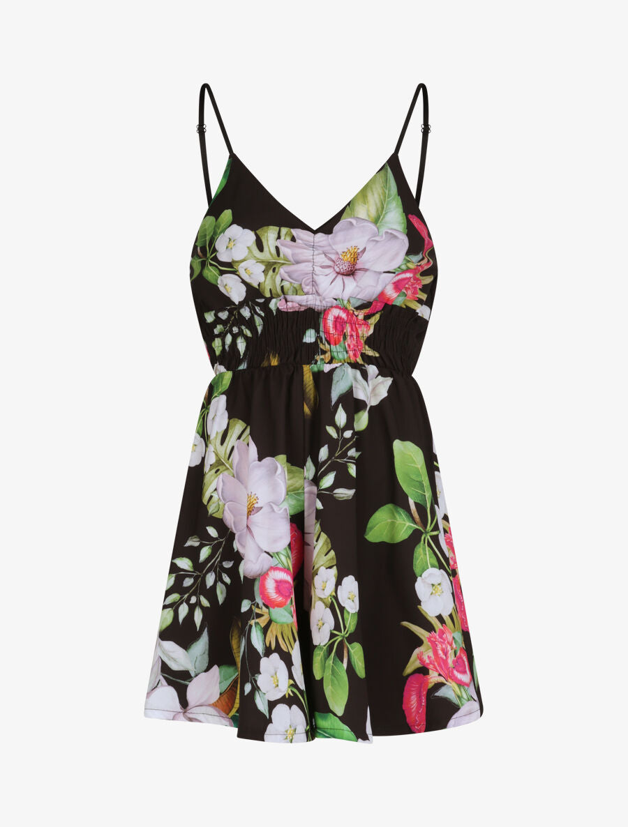 Combishort courte imprimé fleurs éxotiques - Noir - 1