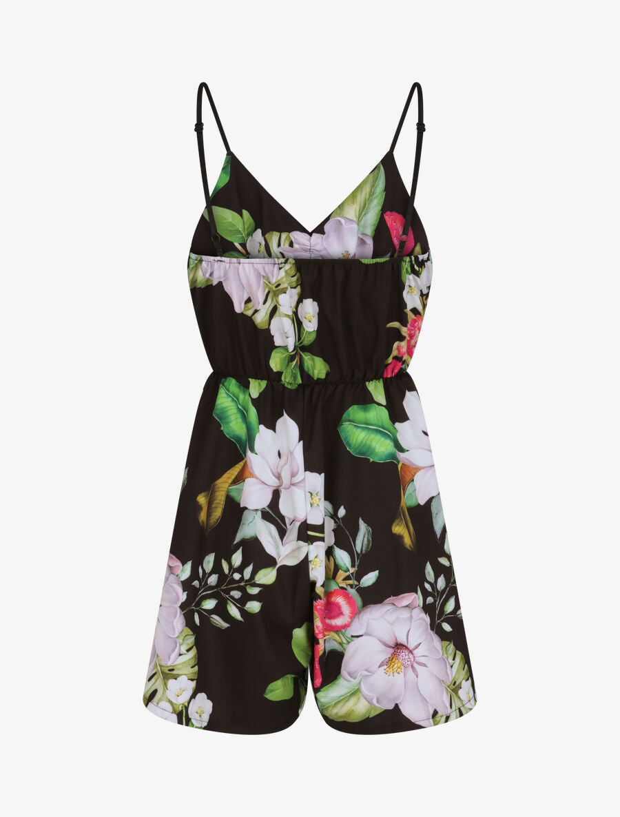 Combishort courte imprimé fleurs éxotiques - Noir - 2