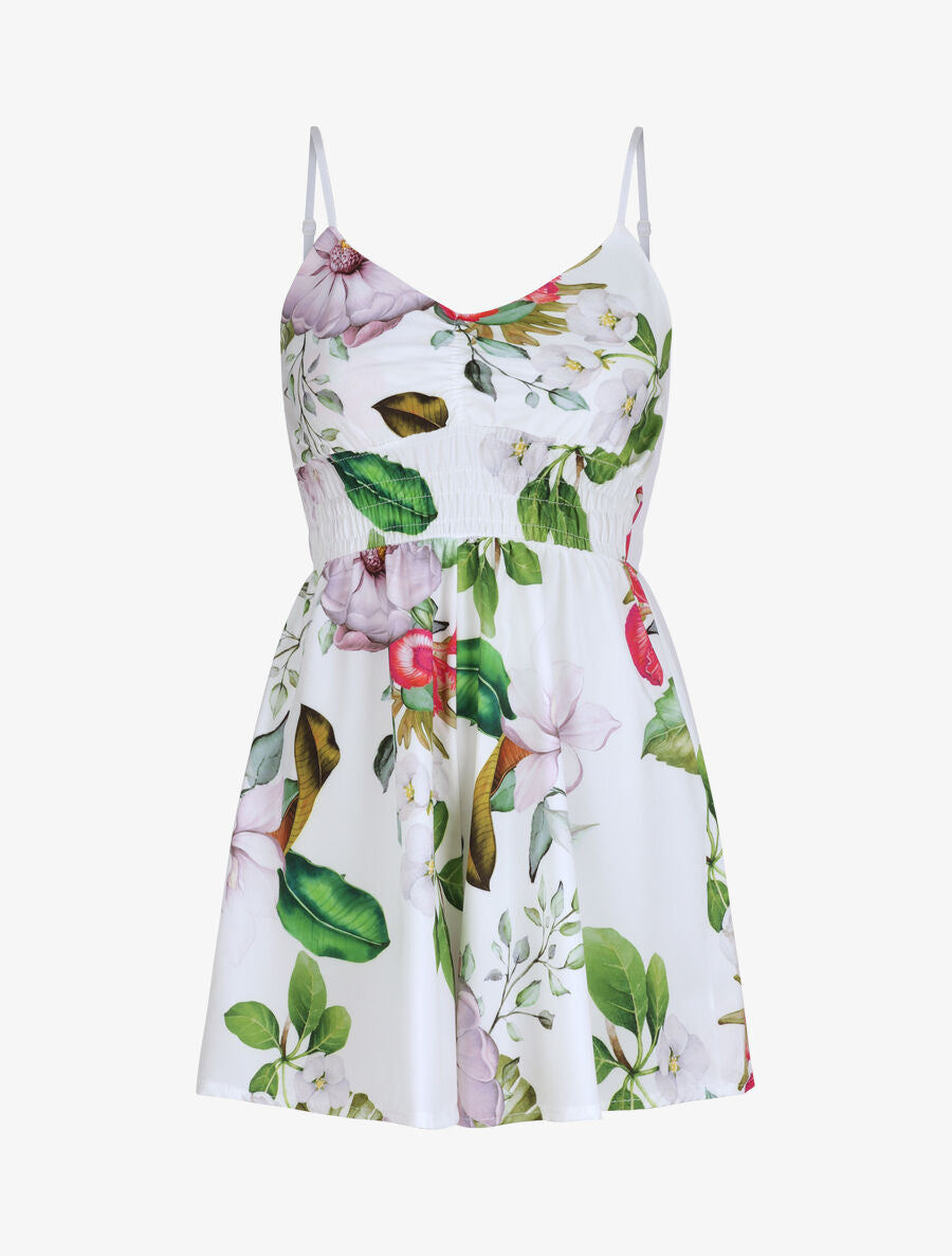 Combishort courte imprimé fleurs éxotiques - Blanc - 1