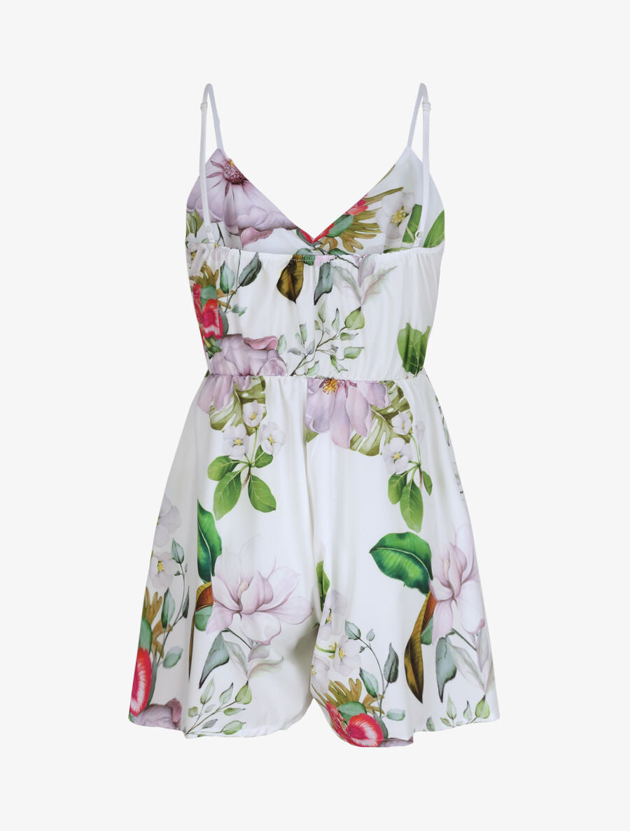 Combishort courte imprimé fleurs éxotiques - Blanc - 2