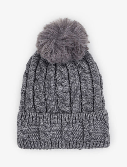 Bonnet en maille tressée à pompon - Gris foncé - 1