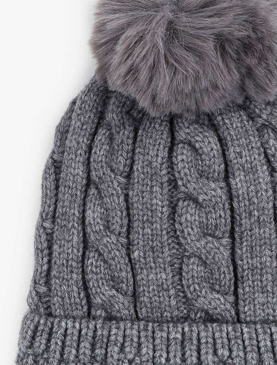 Bonnet en maille tressée à pompon - Gris foncé - 2