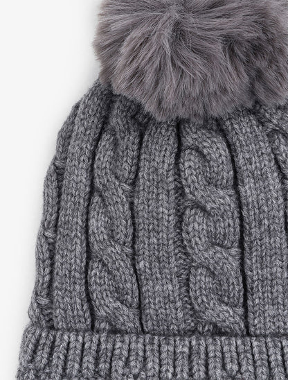 Bonnet en maille tressée à pompon - Gris foncé - 2