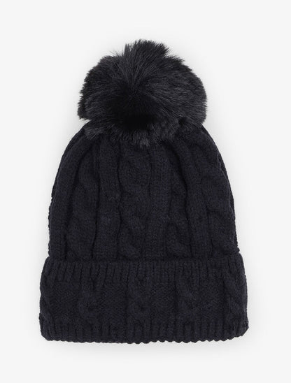 Bonnet en maille tressée à pompon - Noir - 3