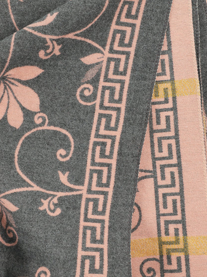 Echarpe en laine mélangée imprimé grec et fleurs - Rose - 3
