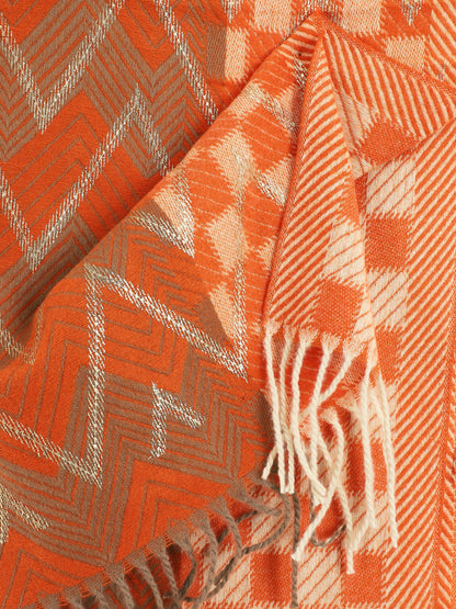 Echarpe en laine mélangée imprimé damiers et zigzag - Orange - 3