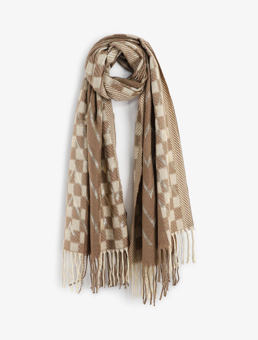 Echarpe en laine mélangée imprimé damiers et zigzag - Taupe - 1
