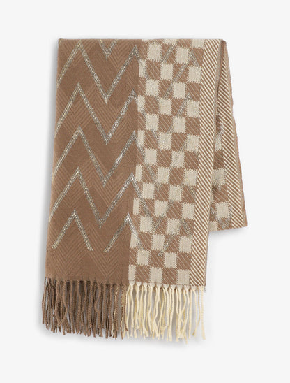 Echarpe en laine mélangée imprimé damiers et zigzag - Taupe - 2