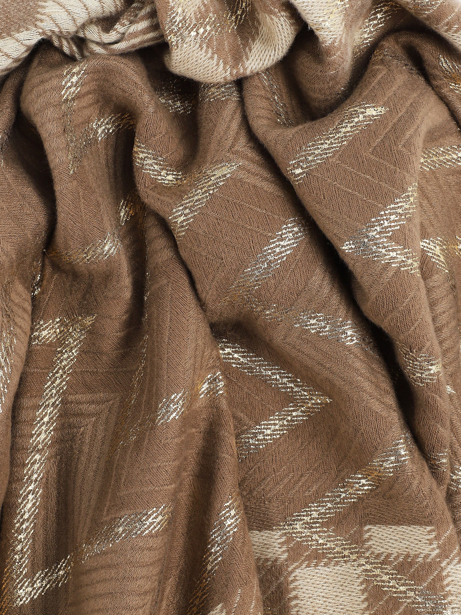 Echarpe en laine mélangée imprimé damiers et zigzag - Taupe - 3